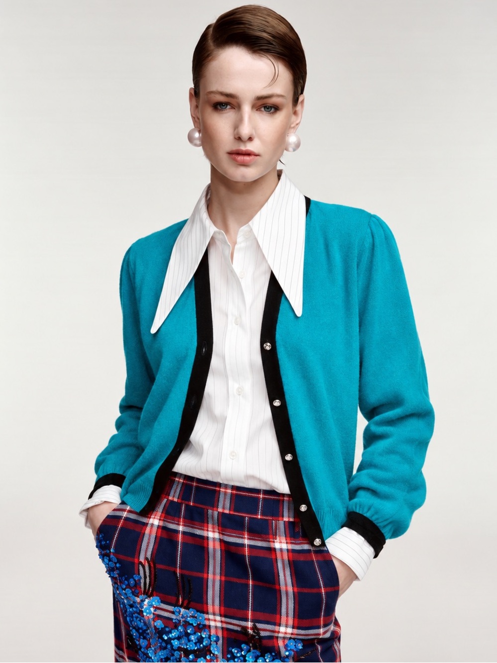 Jennifer Moore 80s Turquoise Lambswool/Angora Velvet Trim Cardigan S